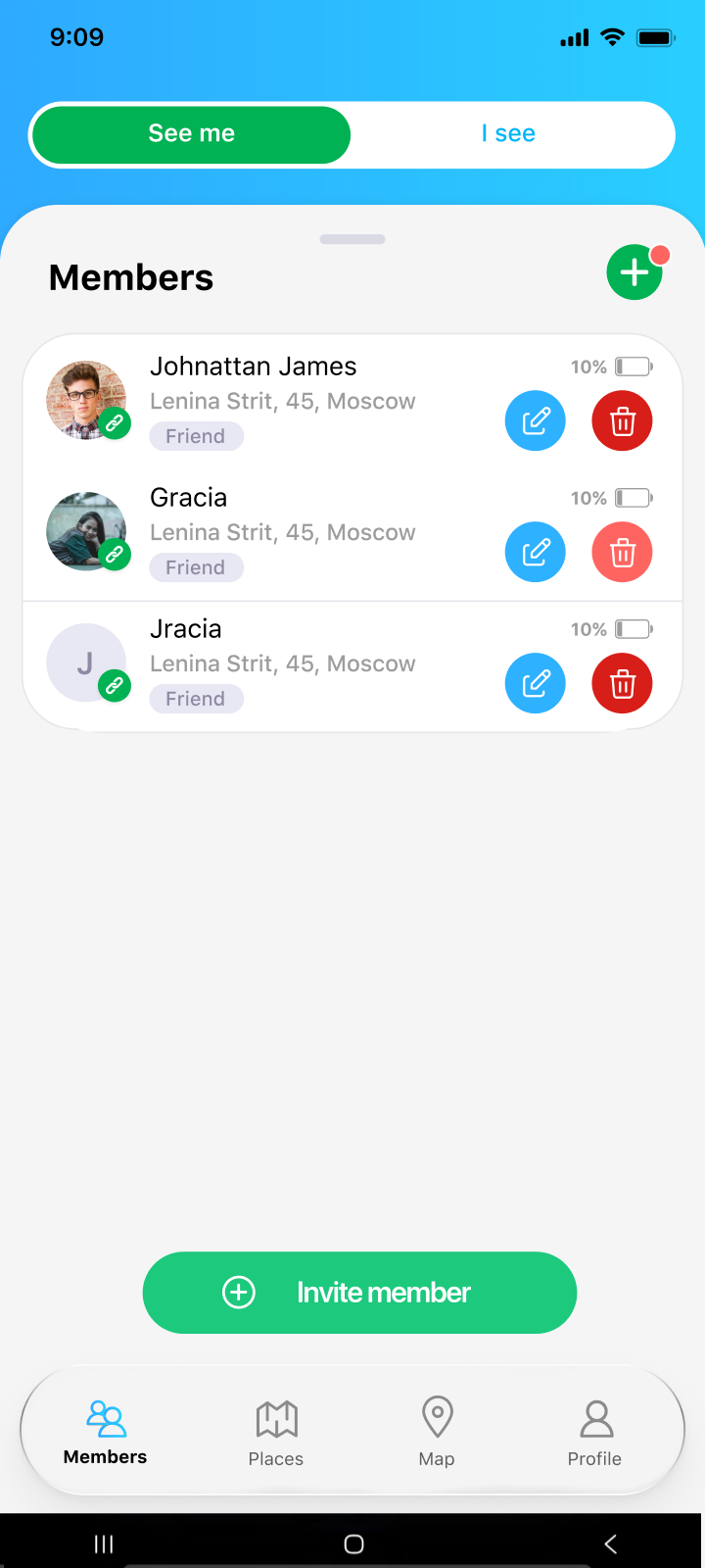 Be Closer members list showing everyone in the family circle and their status