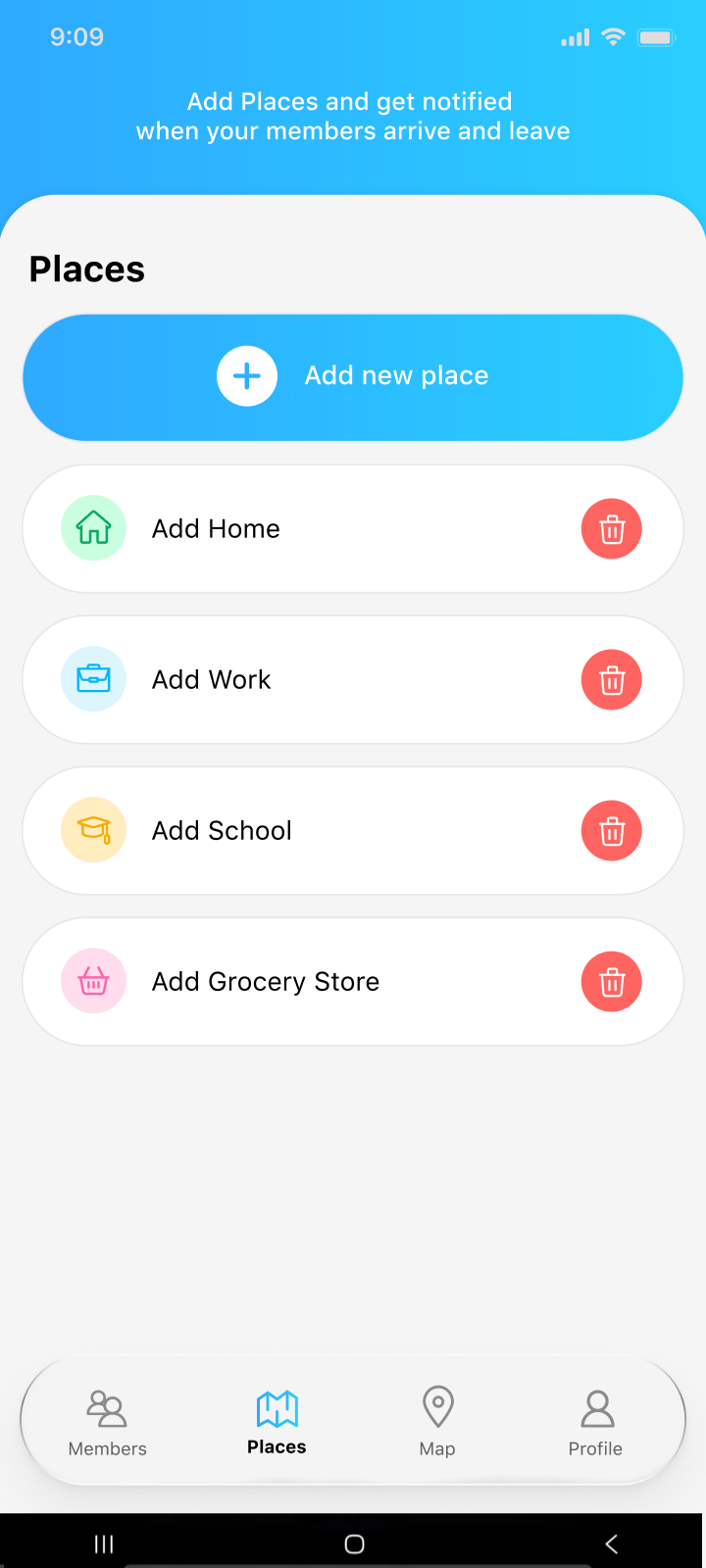 Be Closer Places screen with saved locations and arrival and departure alerts