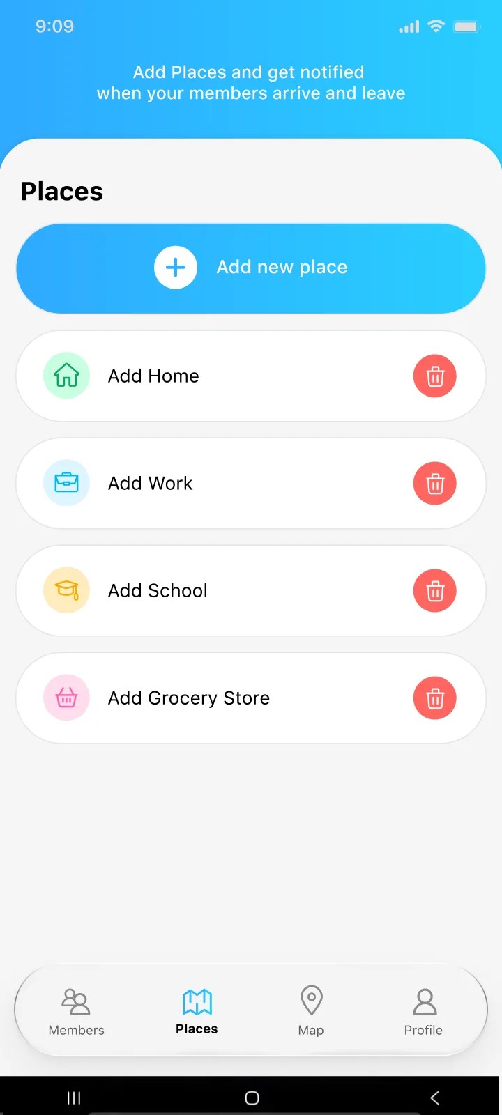 Be Closer Places screen with saved locations and arrival and departure alerts