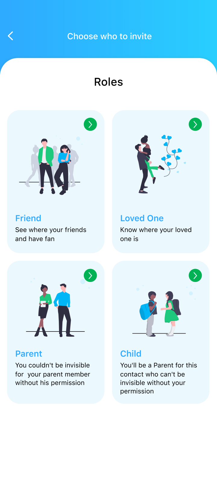Be Closer invite screen for choosing a role: Friend, Loved One, Parent or Child