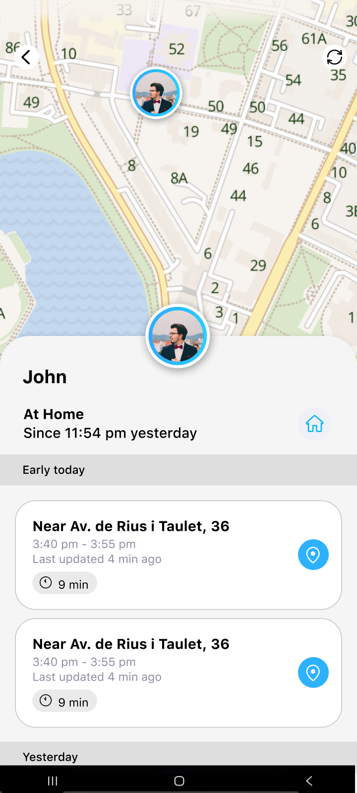 Be Closer location history timeline showing a family member's route through the day