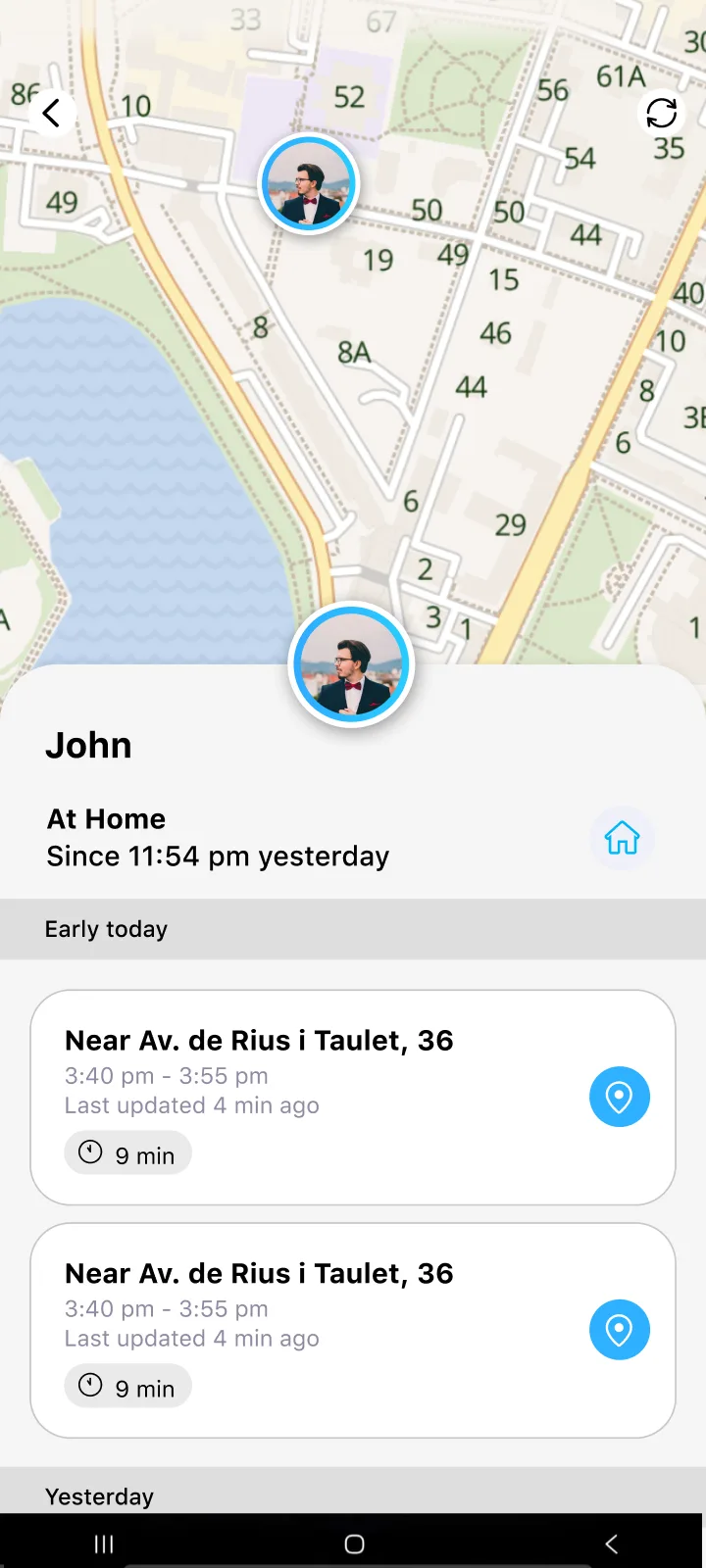 Be Closer location history timeline showing a family member's route through the day