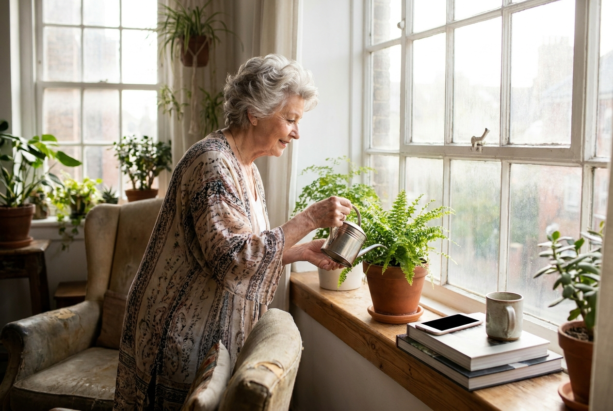 An elderly woman watering plants beside a sunlit window in her own home