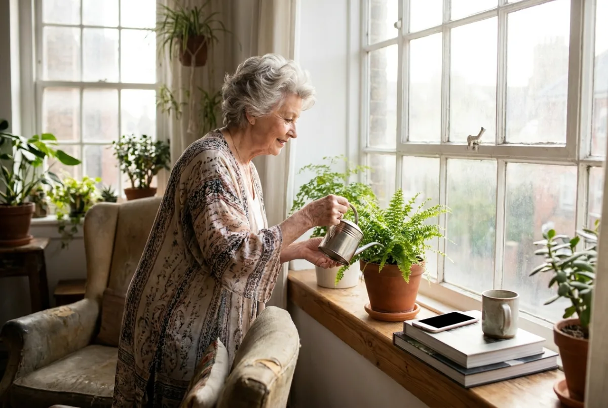 An elderly woman watering plants beside a sunlit window in her own home