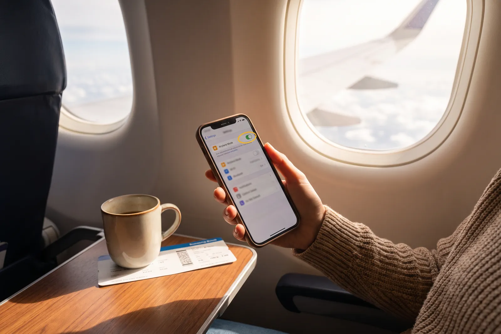 Hand holding a phone by an airplane cabin window