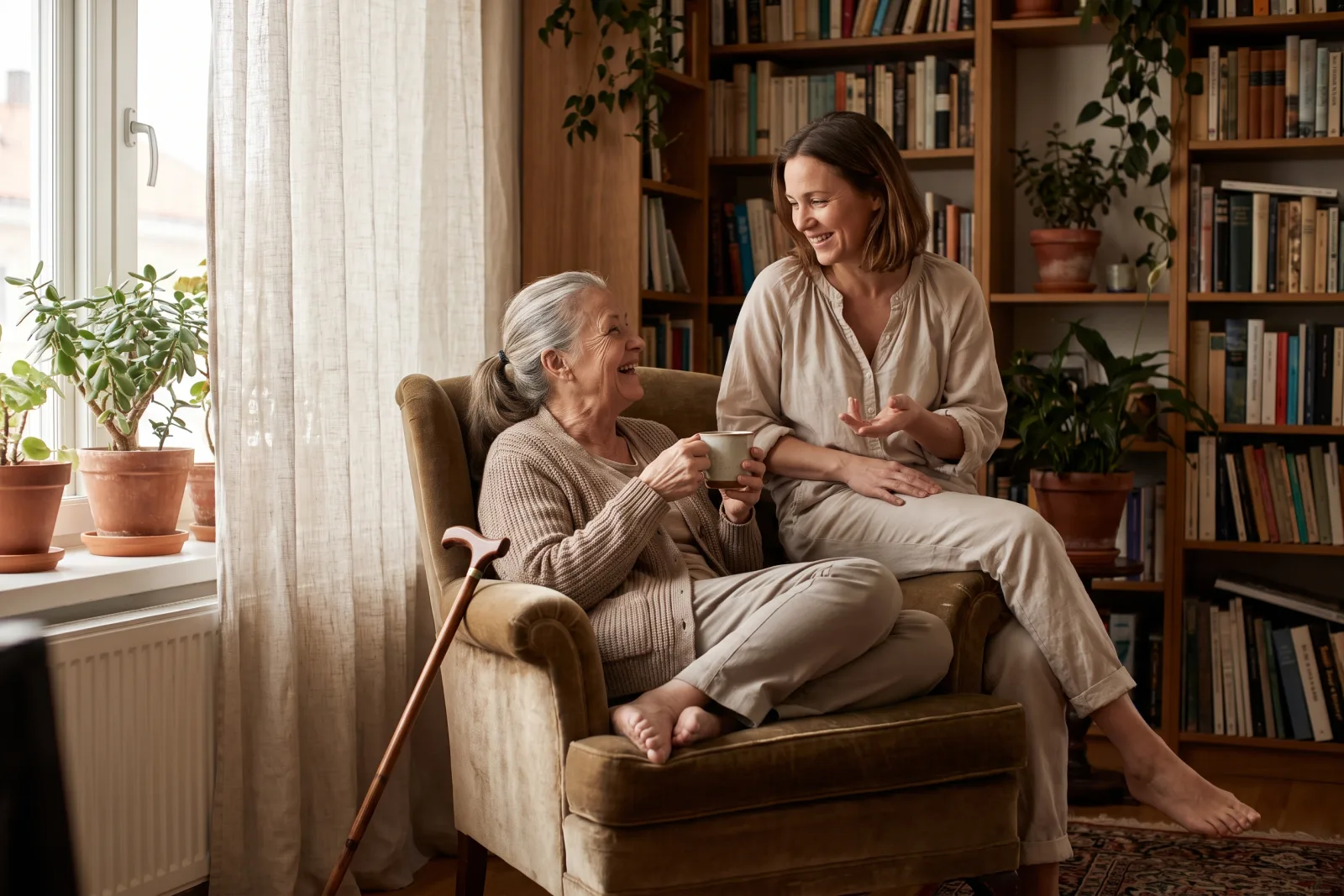 An older woman and her adult daughter talking in a bright living room, a walking cane resting against the armchair