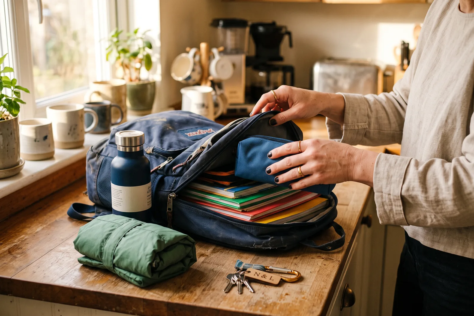 An open backpack on a kitchen counter with a water bottle and rain jacket beside it