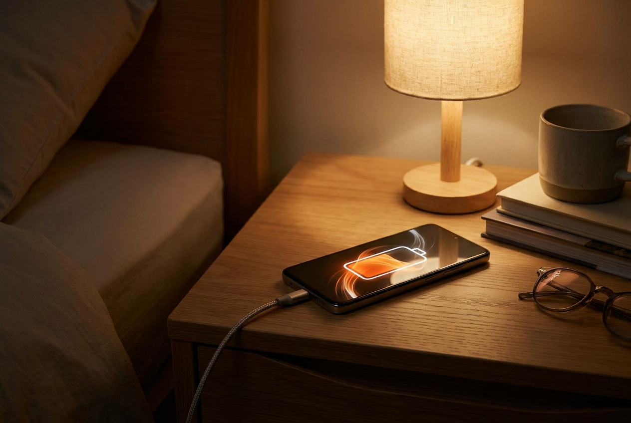 A smartphone showing a low battery indicator next to a charging cable on a table