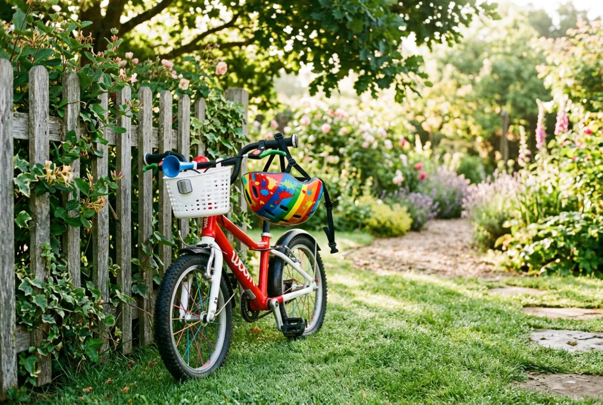 A child cycling along a residential street to school with a parent riding alongside a short distance behind