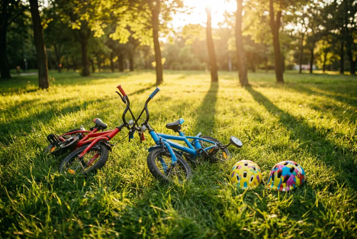 Two children's bikes lying on summer grass beside their helmets