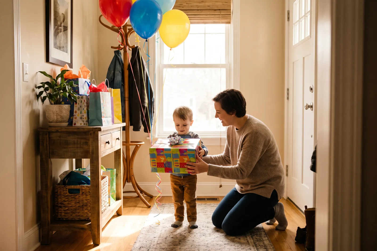A parent kneeling in an entryway helping a young child hold a wrapped birthday present, with balloons and gift bags nearby