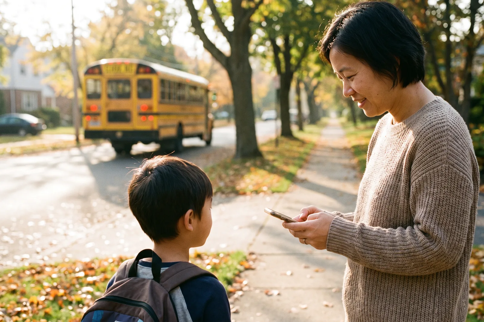 A school bus pulling away from a suburban stop on a bright autumn morning