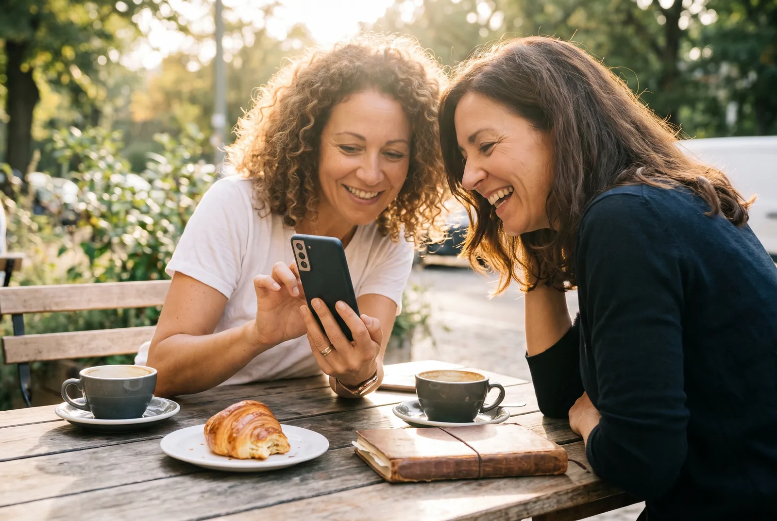 A person at a cafe table holding a phone with a location sharing screen open, coffee cup beside them