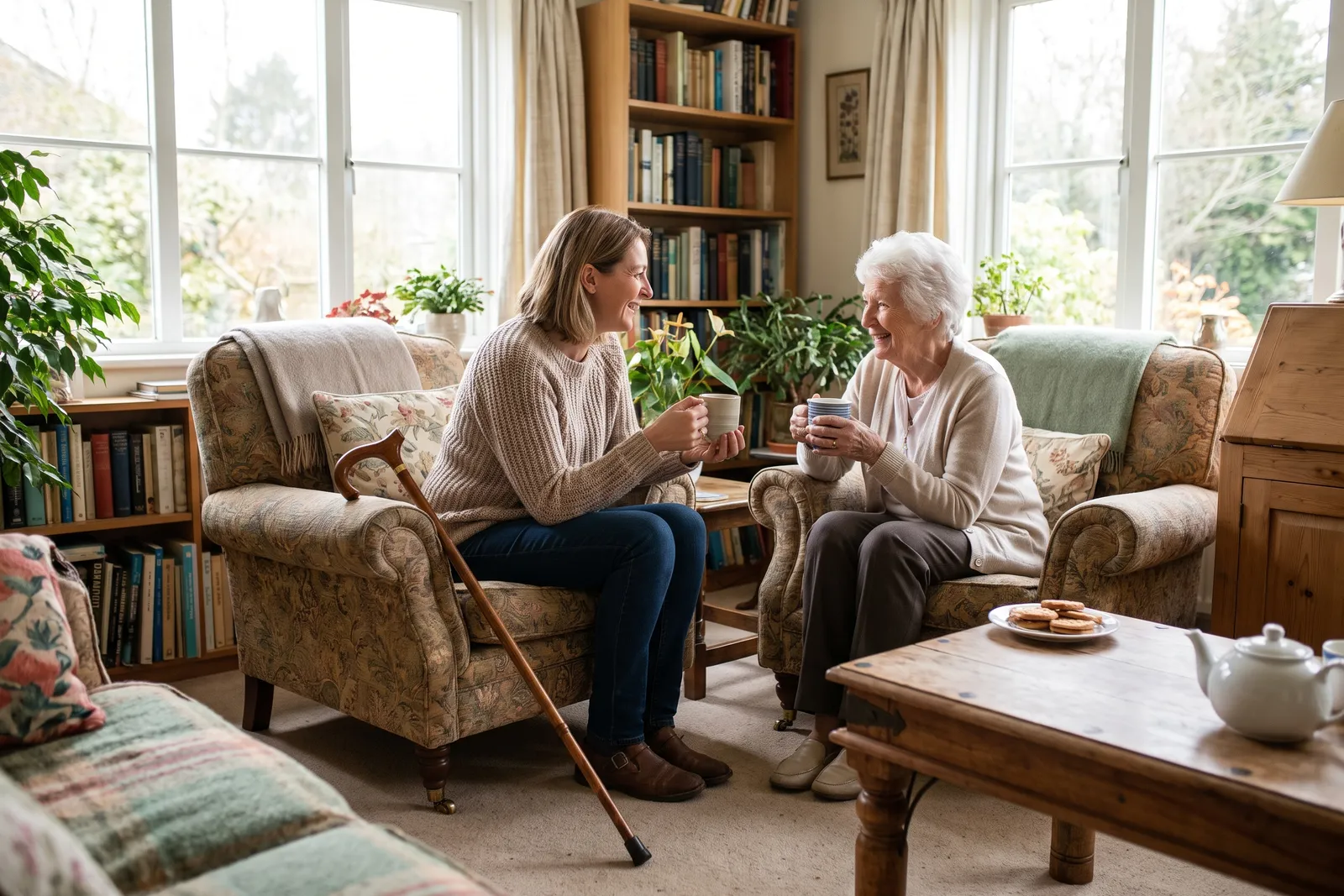 An adult daughter and her mother having tea in a bright living room, a walking cane resting against the armchair