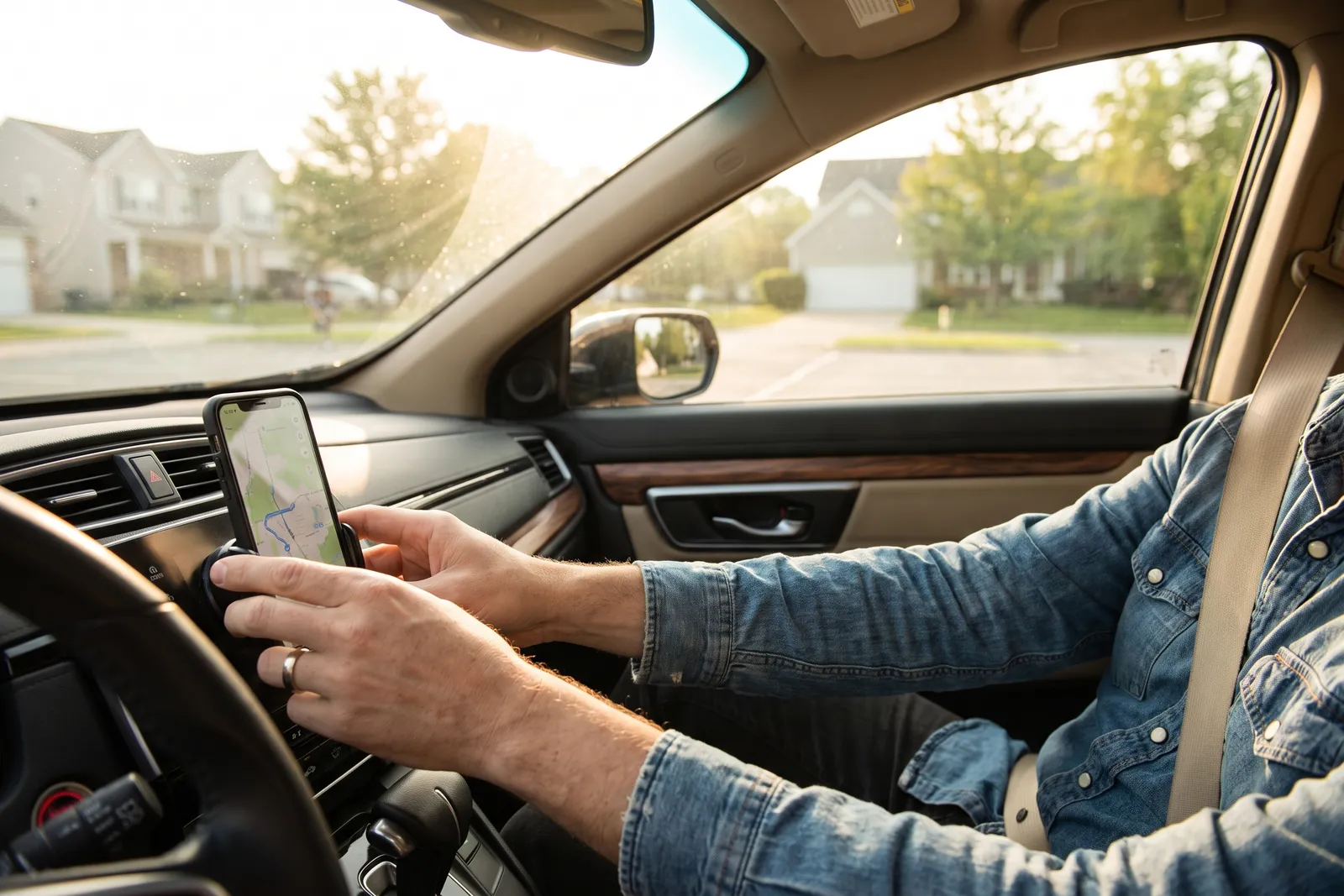 Driver placing a phone in a dashboard mount in daylight
