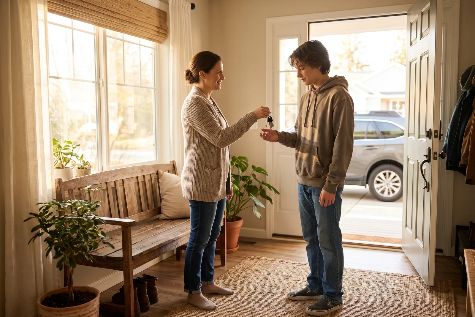A parent handing car keys to a teenager in a bright home entryway