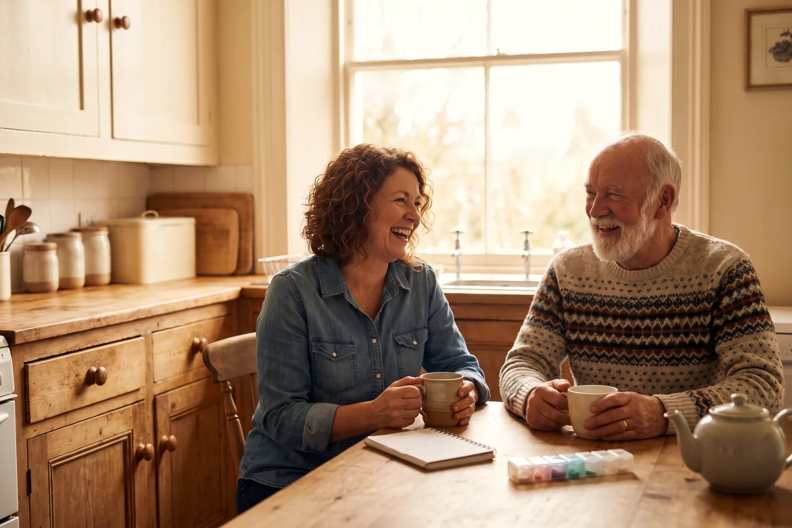 A caregiver and an older man laughing together over tea at a sunlit kitchen table