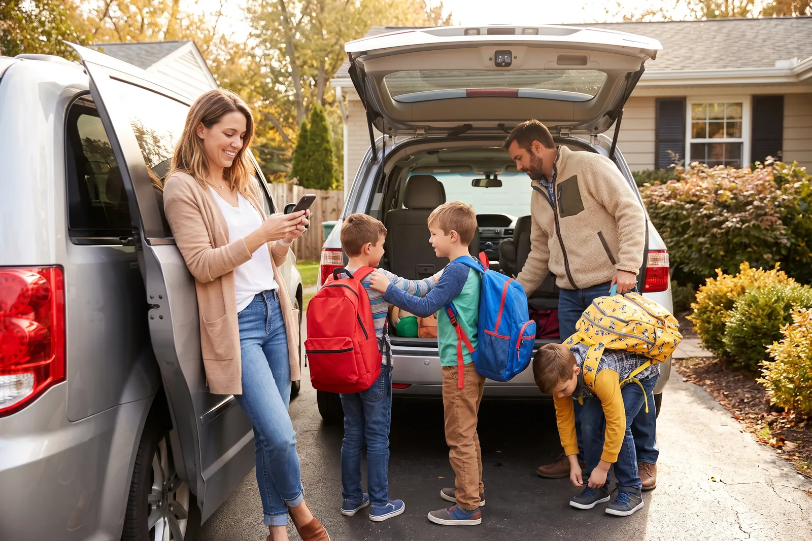 Two children with backpacks climbing into a car on a suburban driveway on a school morning