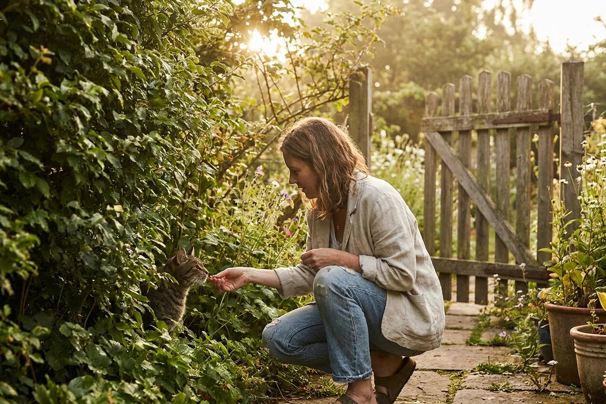 A cat crouched low under a garden hedge in early morning light, eyes bright and watchful