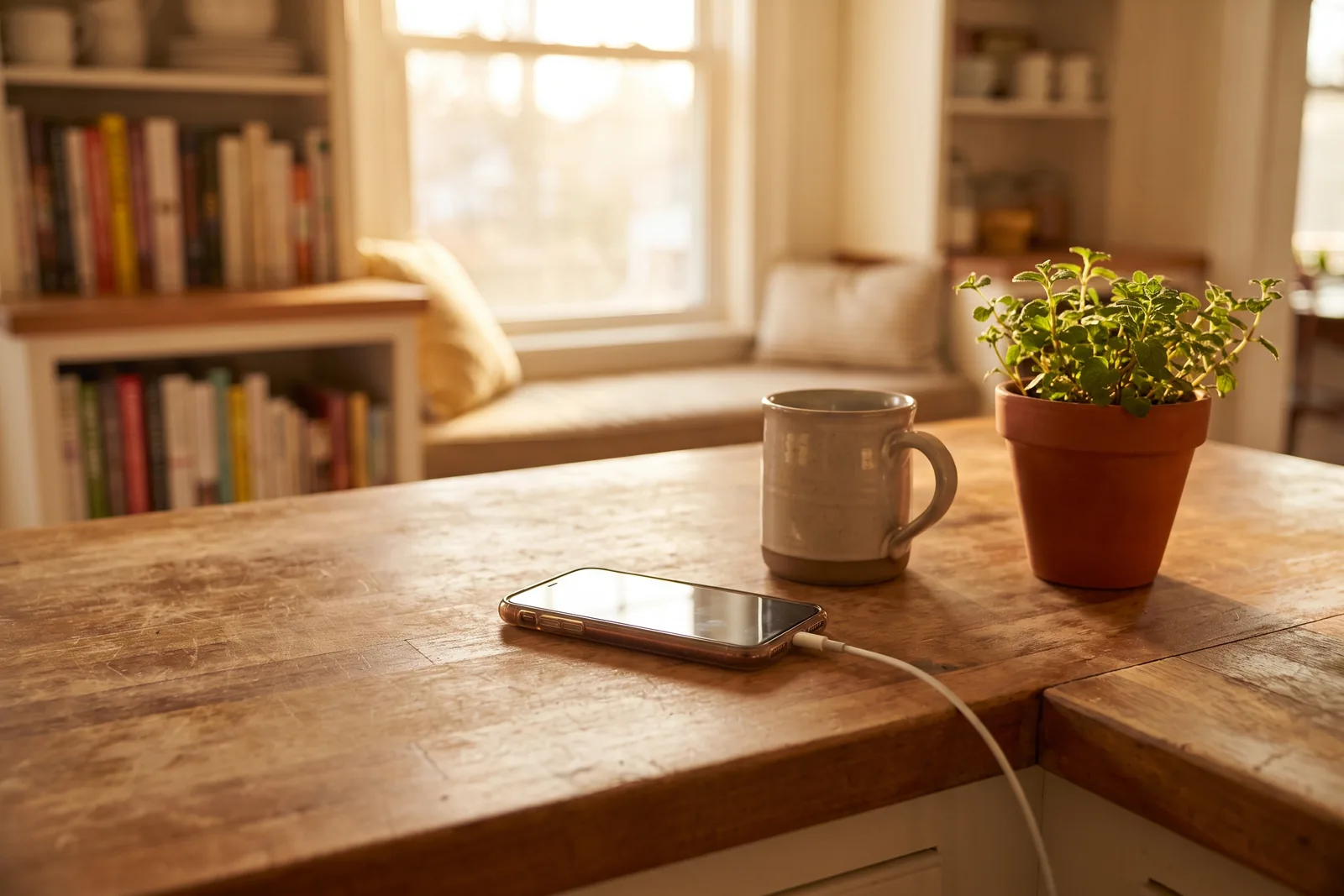 A phone charging on a kitchen counter showing a low battery warning