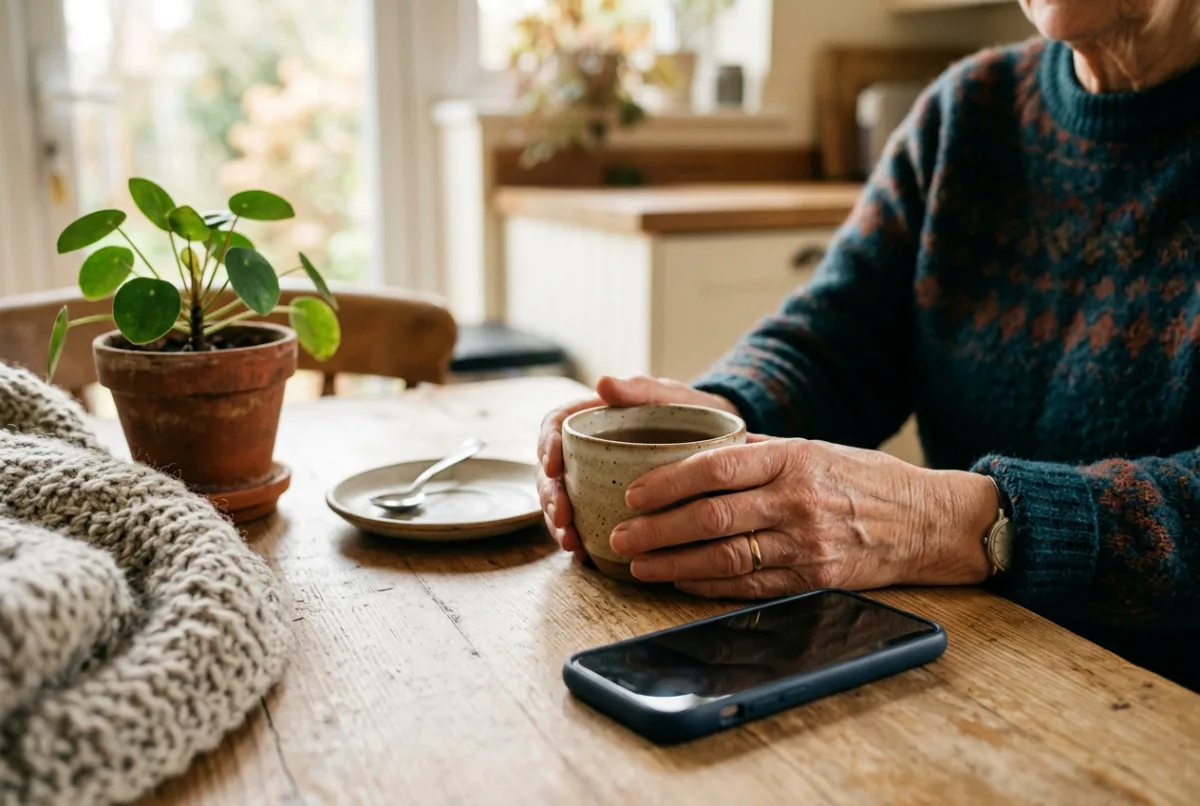 A steaming mug of tea beside a phone showing a simple text message, on a kitchen windowsill in morning light