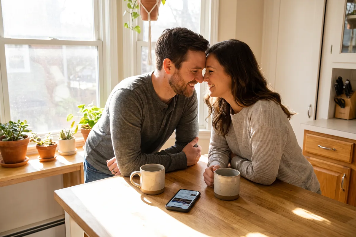 Two partners standing in a kitchen in the morning, each holding a phone and talking