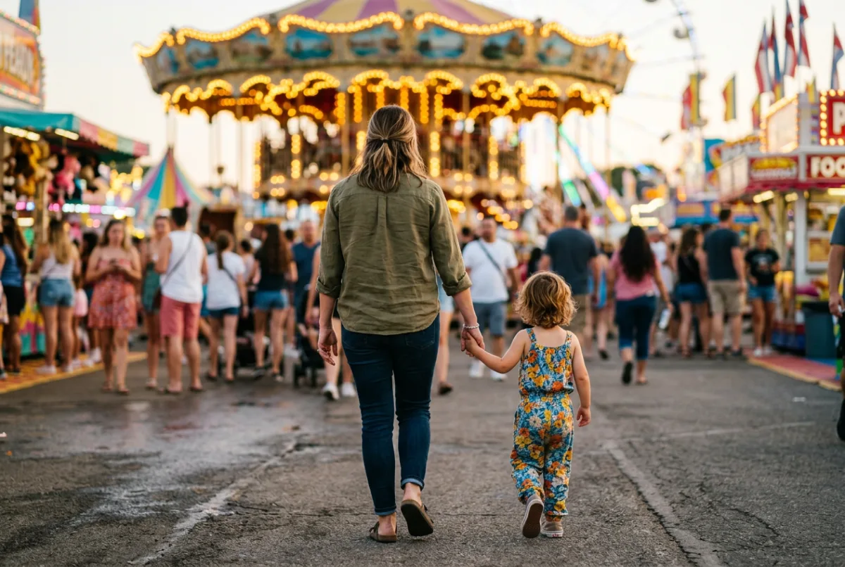 A parent's hand holding a child's hand tightly while walking through a dense, crowded festival crowd