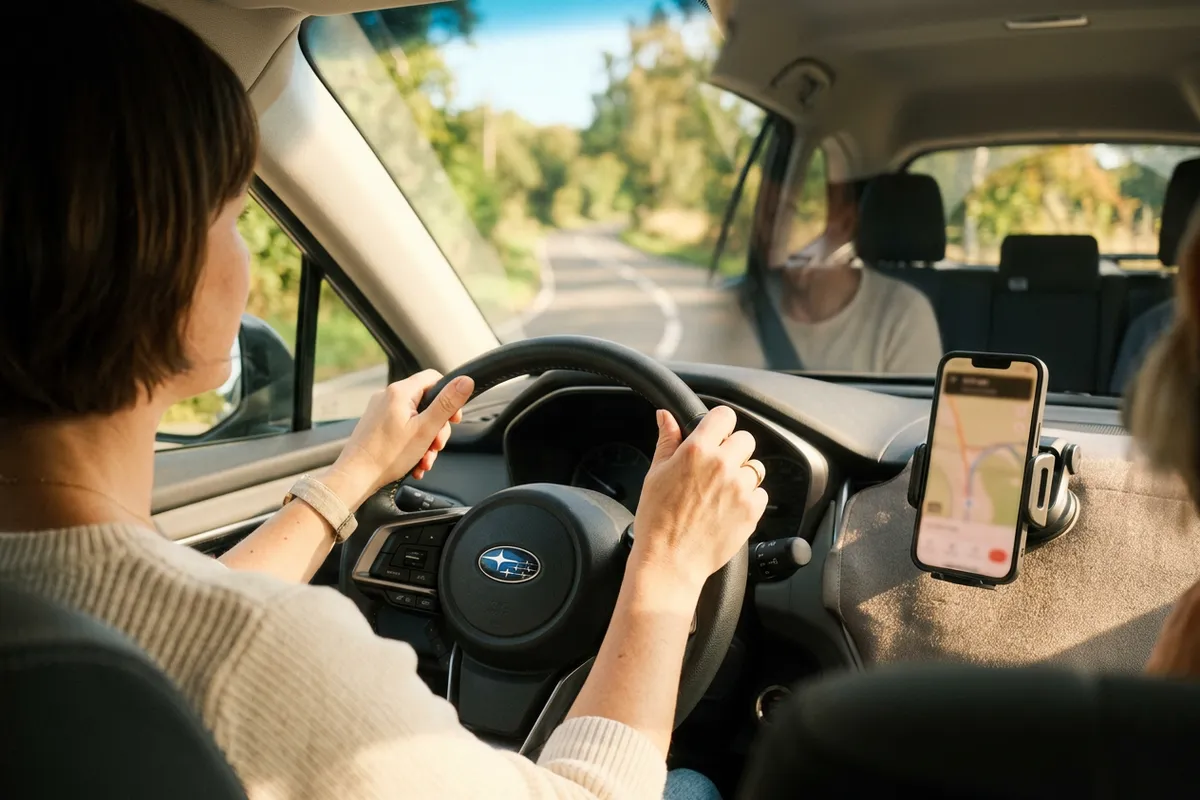 A phone mounted on a car dashboard in daylight, showing a navigation view through the windscreen