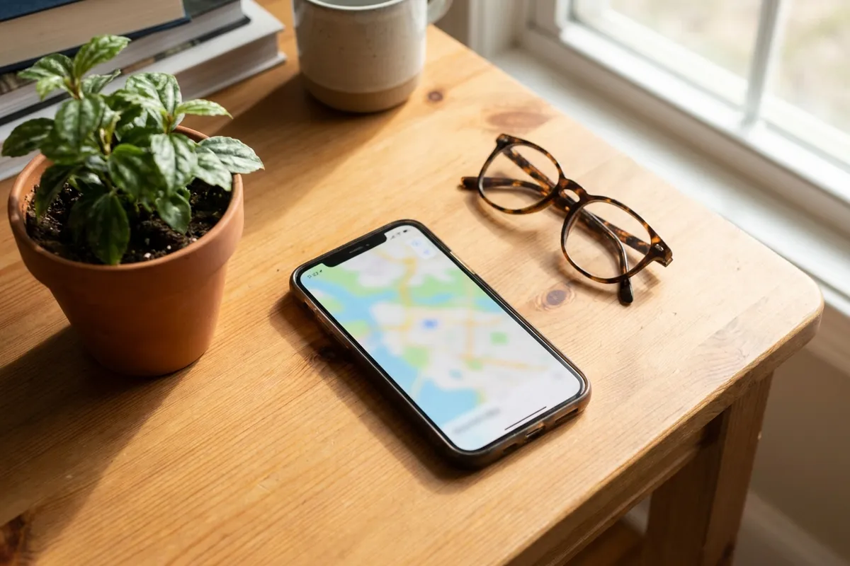 A phone lying on a desk showing a map with a location marker, next to a notebook and pen