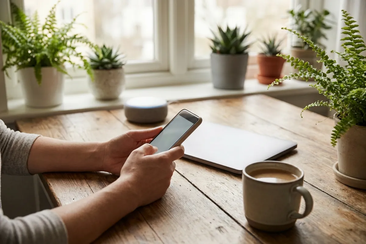 Hands holding a smartphone at a desk with a router and laptop in soft morning light