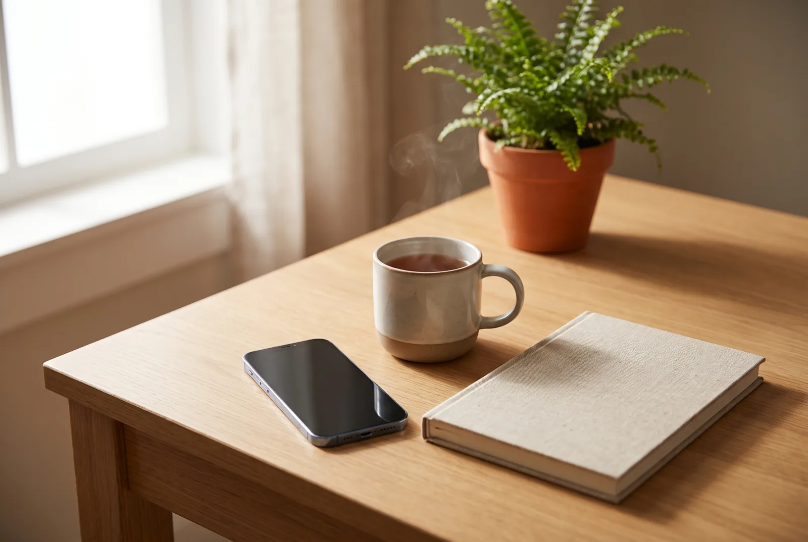 A phone on a tidy desk beside a cup of tea and an open notebook in window light