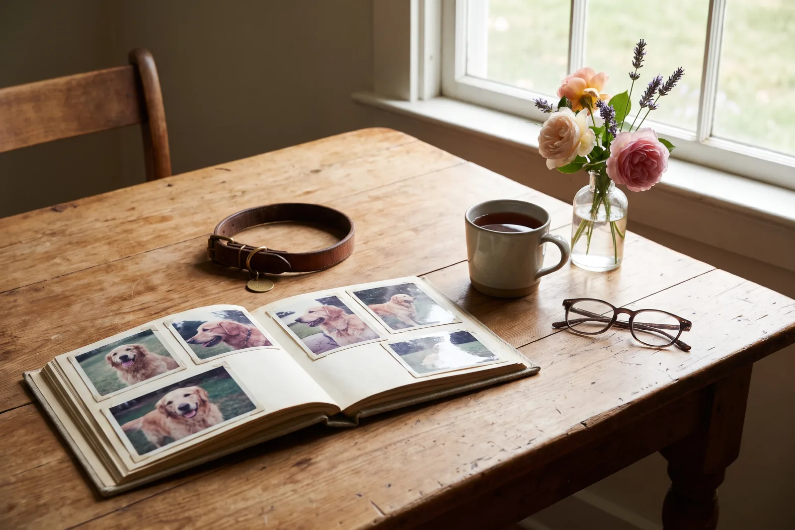 An open photo album, a worn dog collar and a cup of tea on a wooden family table