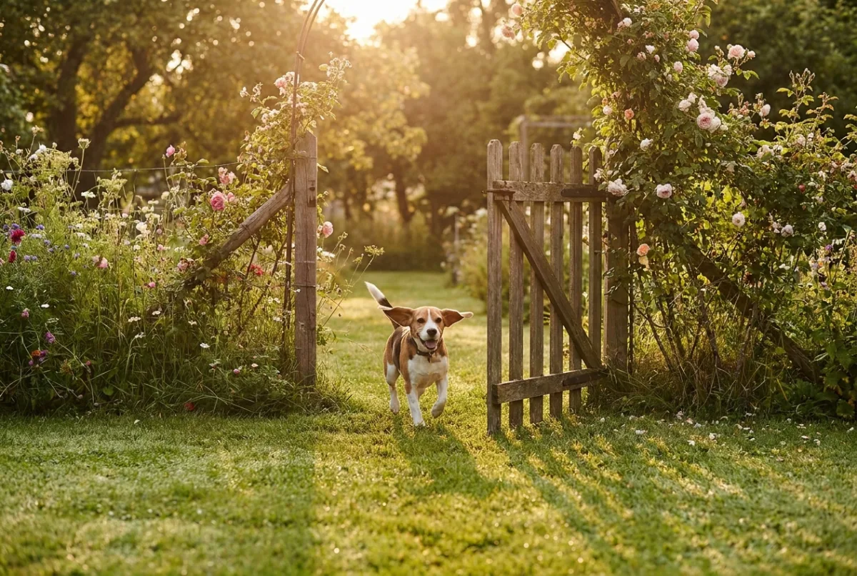 A wooden garden gate left slightly ajar next to a paw-scratched fence panel, with a dog lead hanging on the post