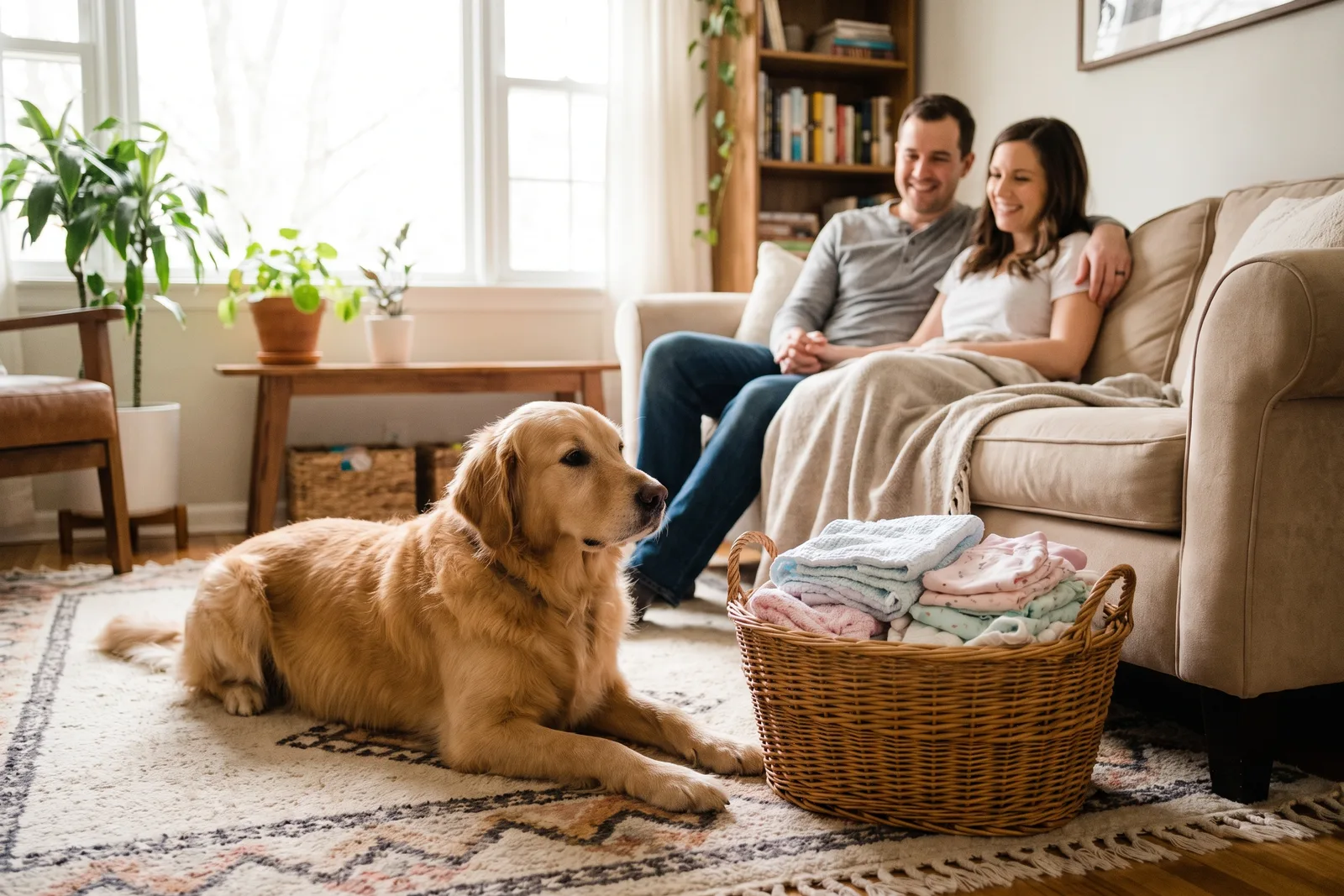 A golden retriever lying on a living room rug beside a basket of folded baby clothes