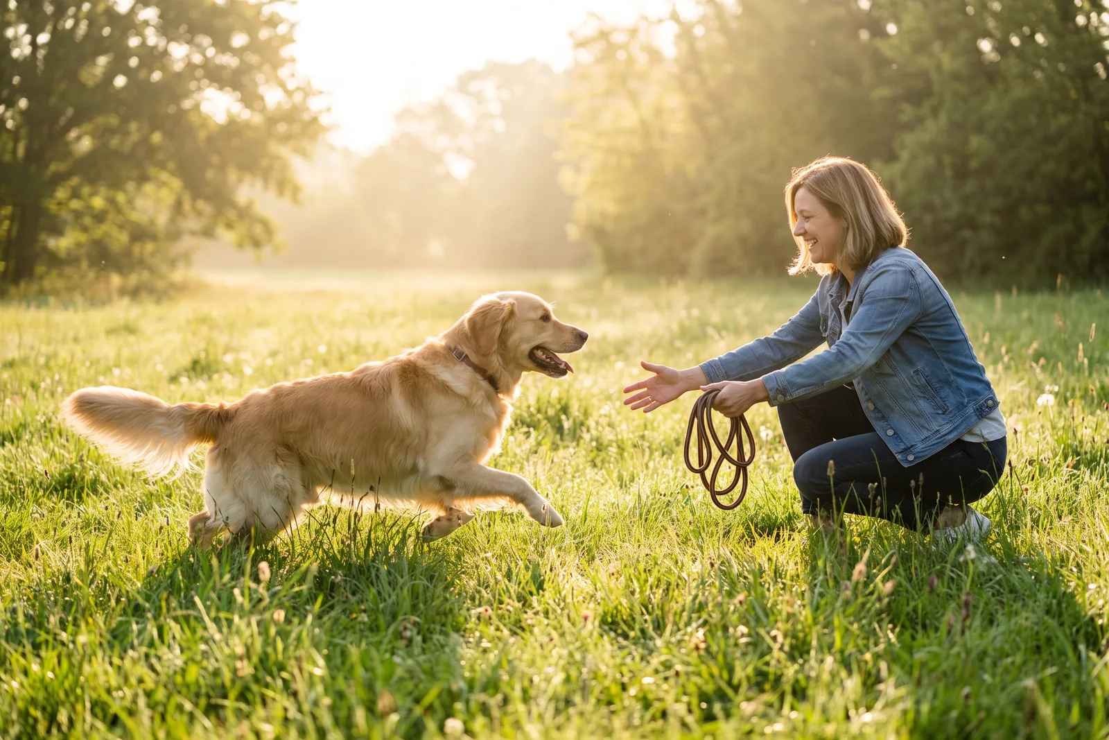 A golden retriever running across a sunny meadow toward a woman crouching with open arms