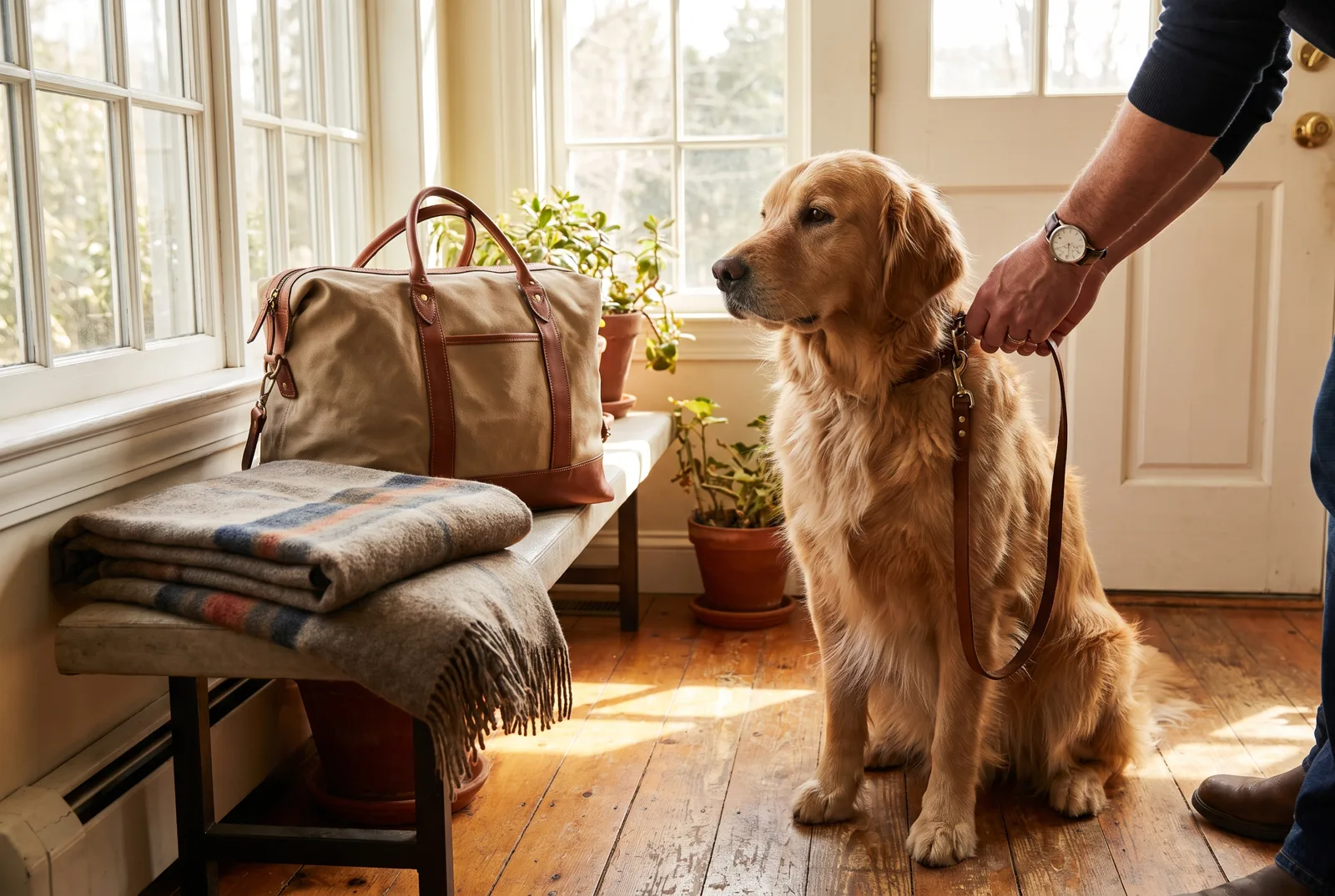 A packed travel bag with a dog lead, bowl and toys beside it