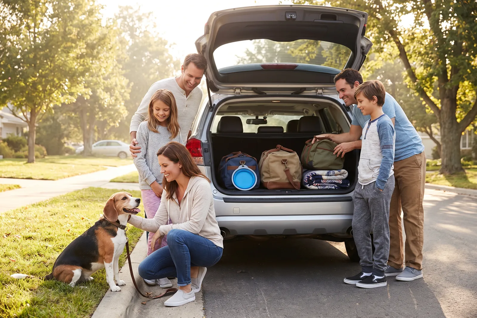A family packing bags and a dog bed into the open boot of a car while their dog sits nearby