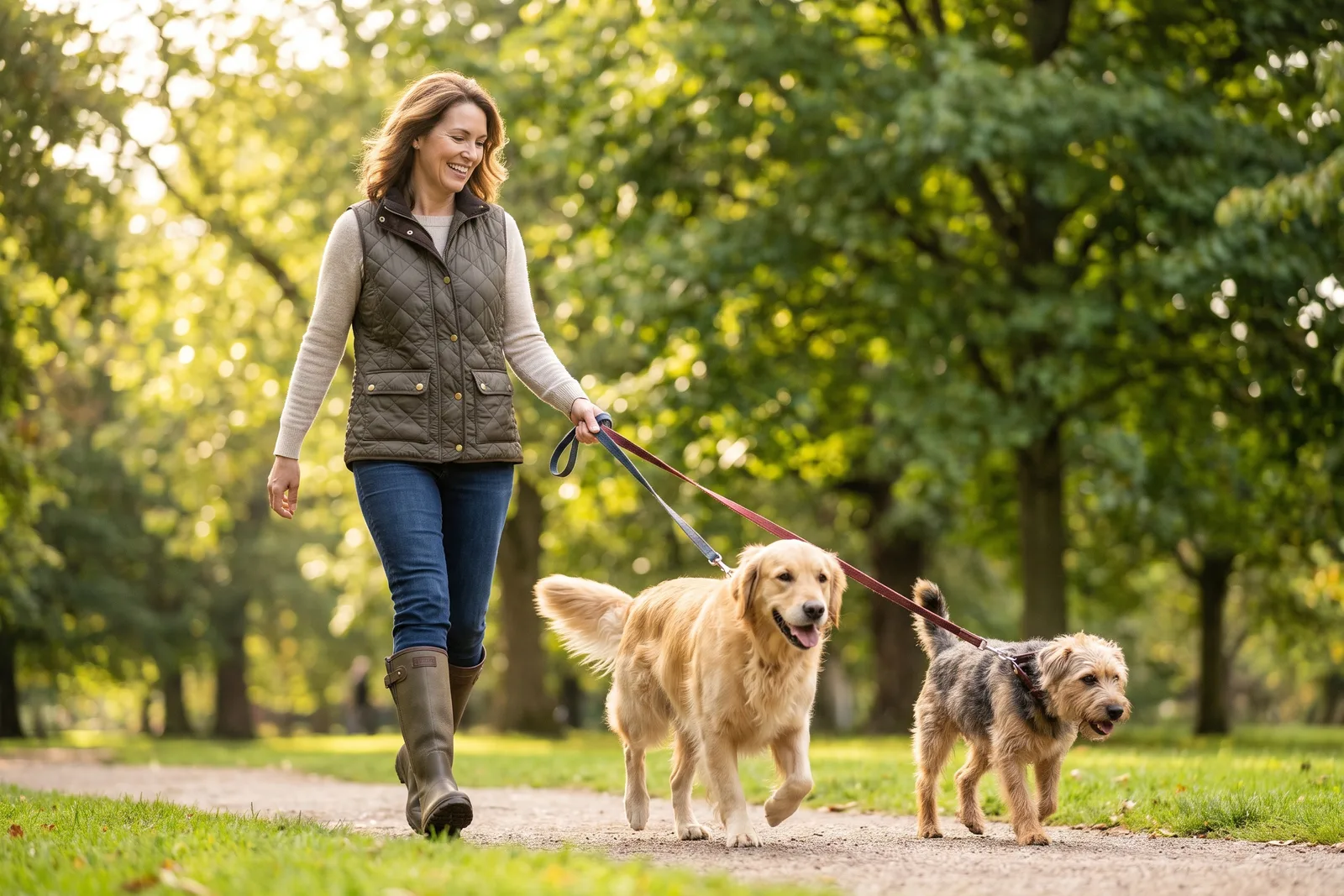 A dog walker with two dogs on leads on a park path in soft afternoon light
