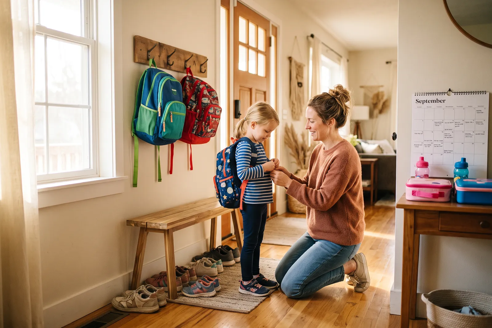 A bright hallway entryway with school backpacks hung on hooks, shoes lined up below and a lunch bag on a bench