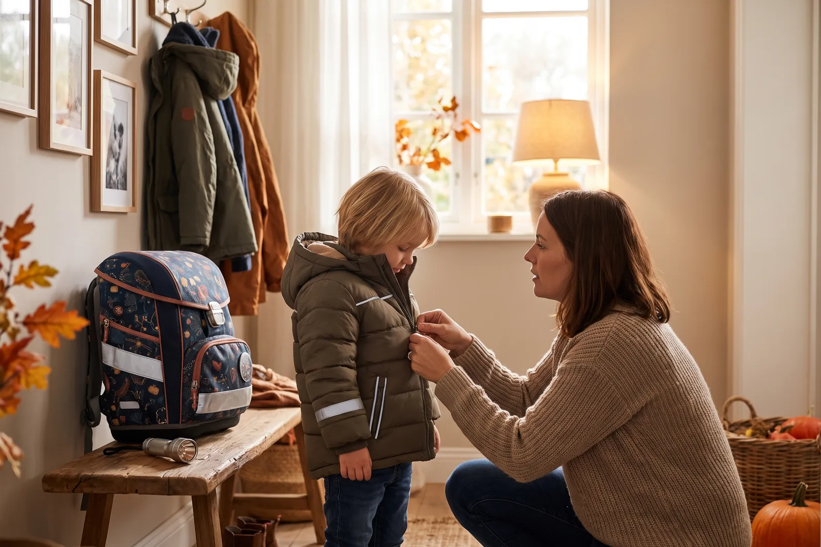 A child's jacket with reflective strips hanging by the front door next to a school bag and a small torch