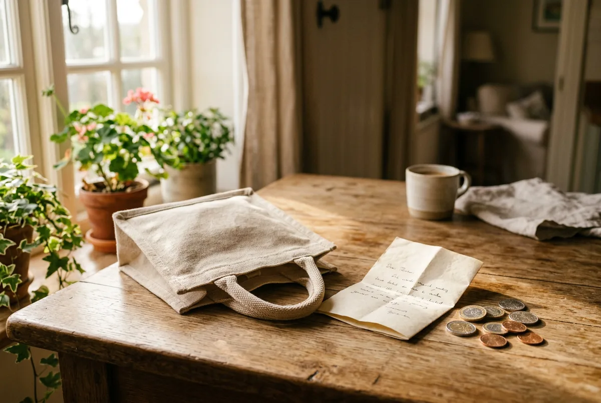 A canvas tote bag with a loaf of bread and a carton of milk resting on a kitchen counter by the front door