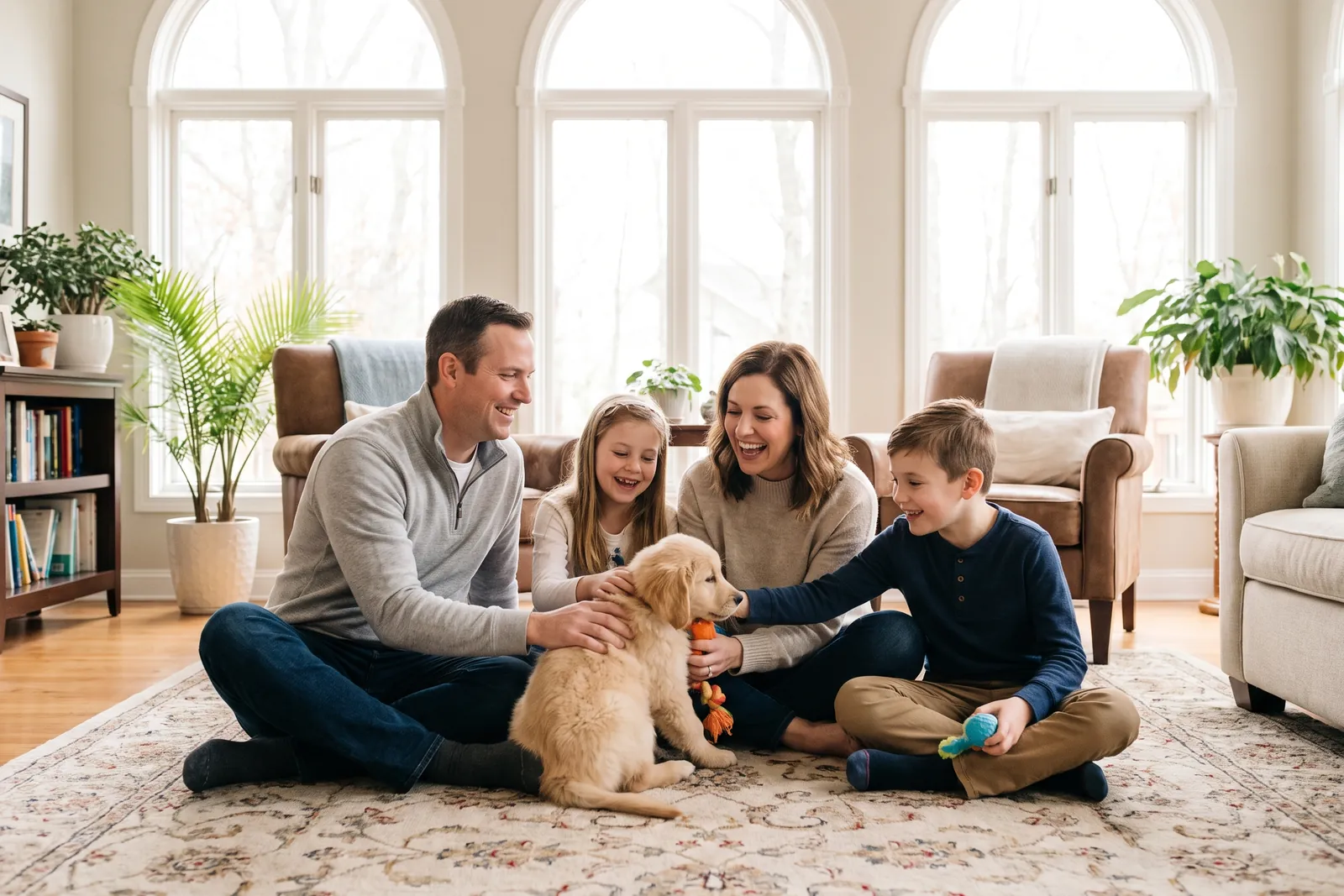 A family of four sitting on a living room rug playing with a young golden puppy in bright daylight
