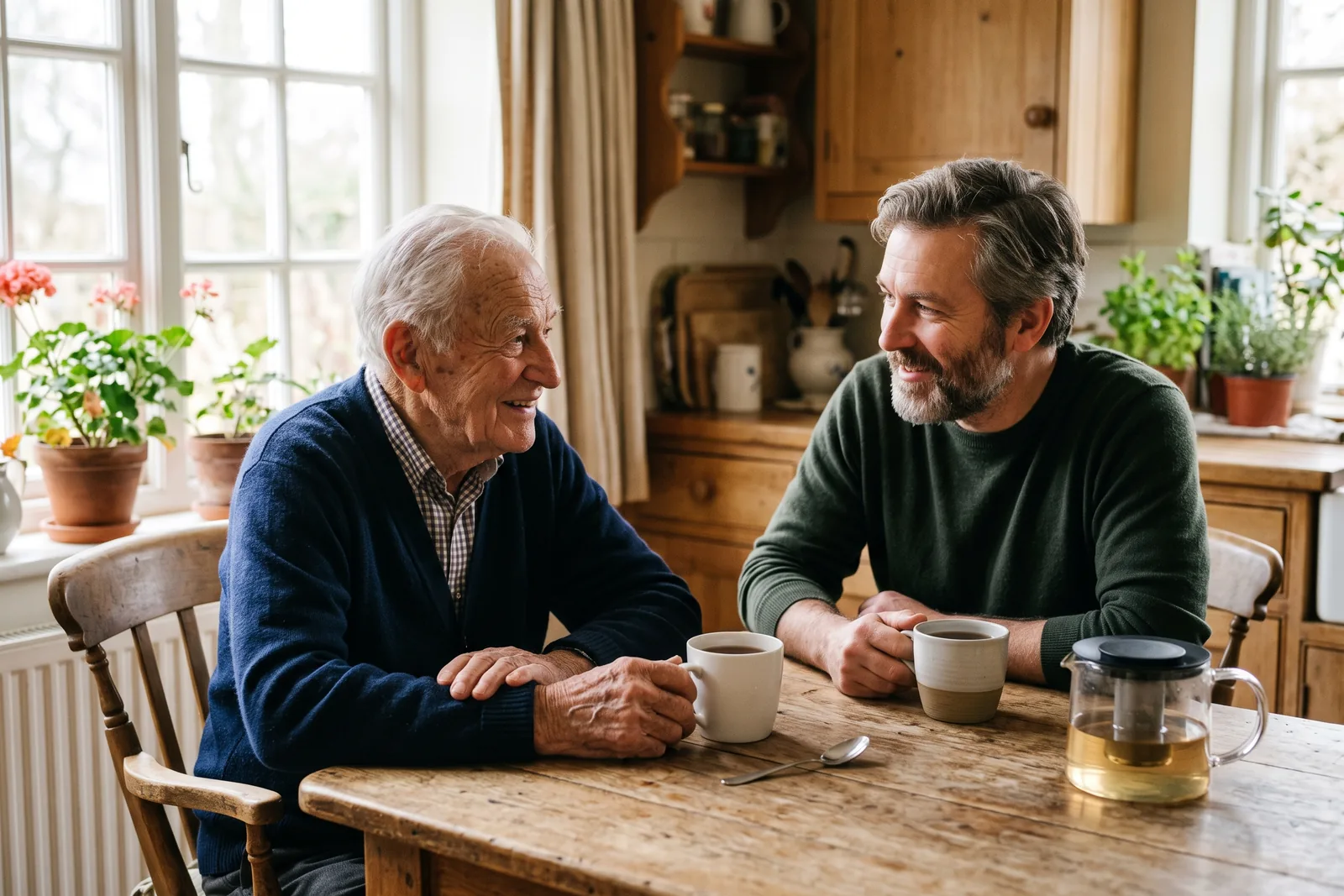 An adult son and his elderly father talking gently over tea at a wooden kitchen table