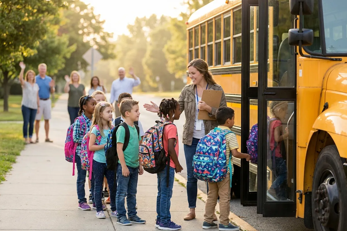 Children with backpacks boarding a yellow school bus for a field trip