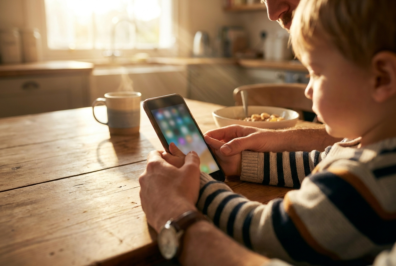 A parent and child sitting at a kitchen table setting up a first smartphone together