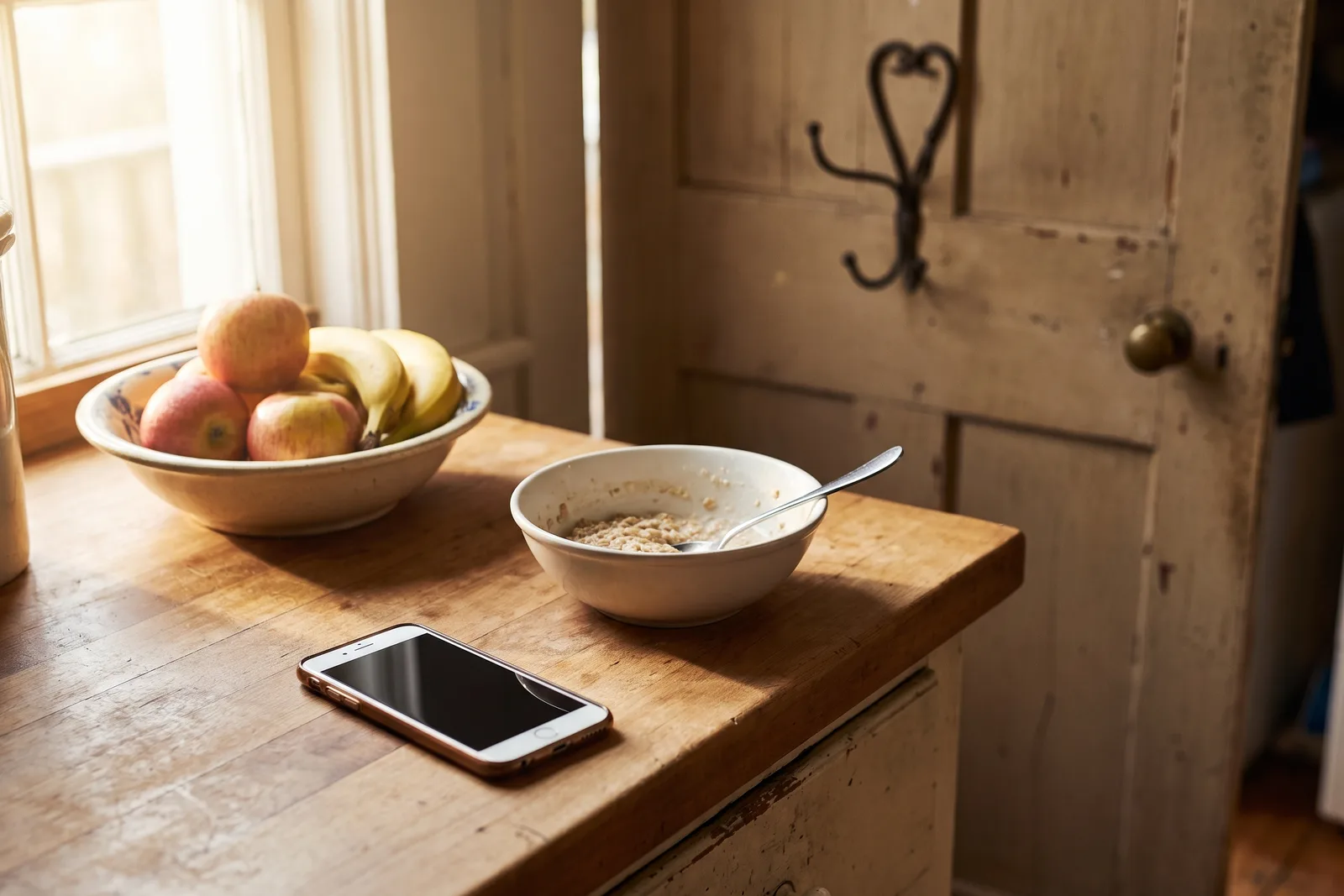 A smartphone left face-up on a kitchen counter beside a cereal bowl and keys, with a school bag gone from its hook