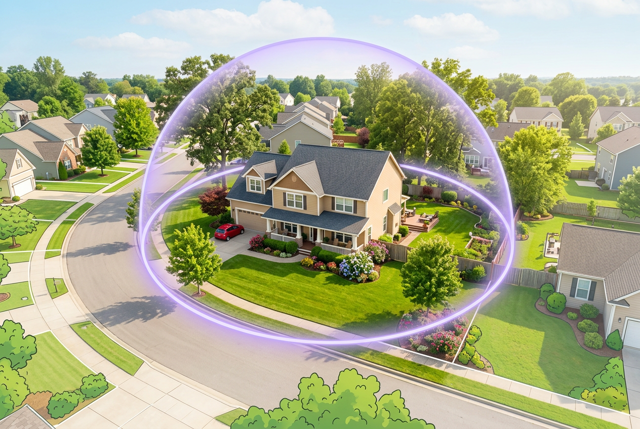 A map screen showing a circular Place boundary around a home with an arrival notification
