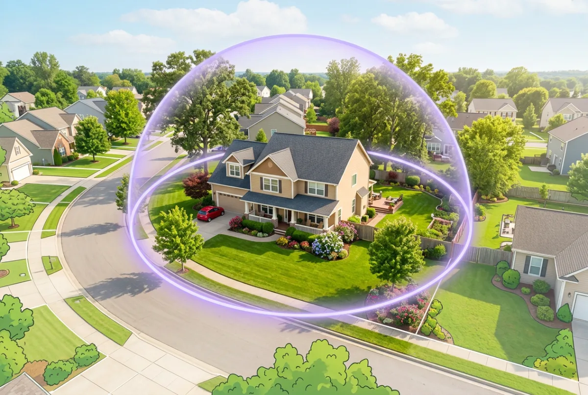 A map screen showing a circular Place boundary around a home with an arrival notification