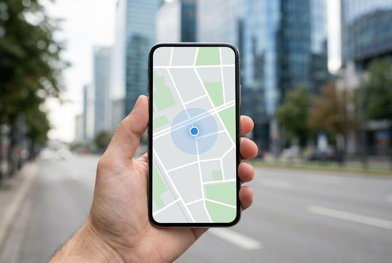 A phone showing a map with a blue location dot surrounded by a GPS accuracy circle