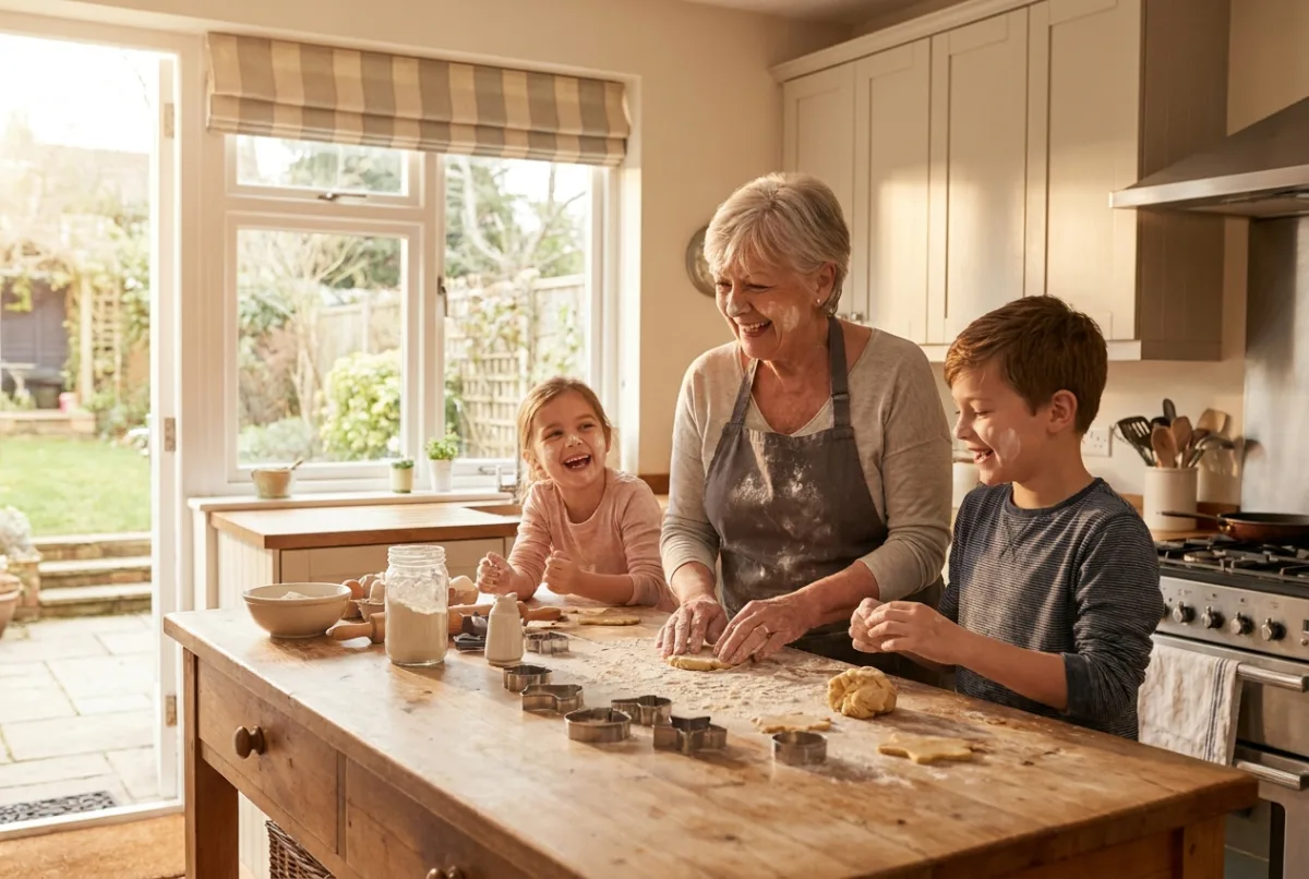 A grandmother baking with two grandchildren in a bright kitchen